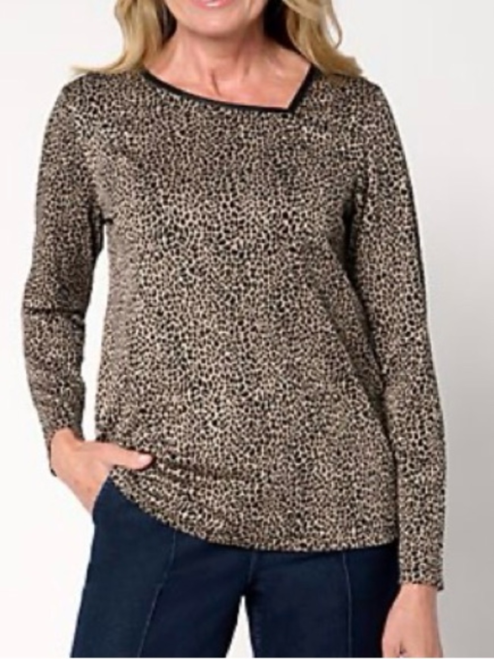Susan Graver Weekend Jacquard Knit Top w/ Faux Leather Trim